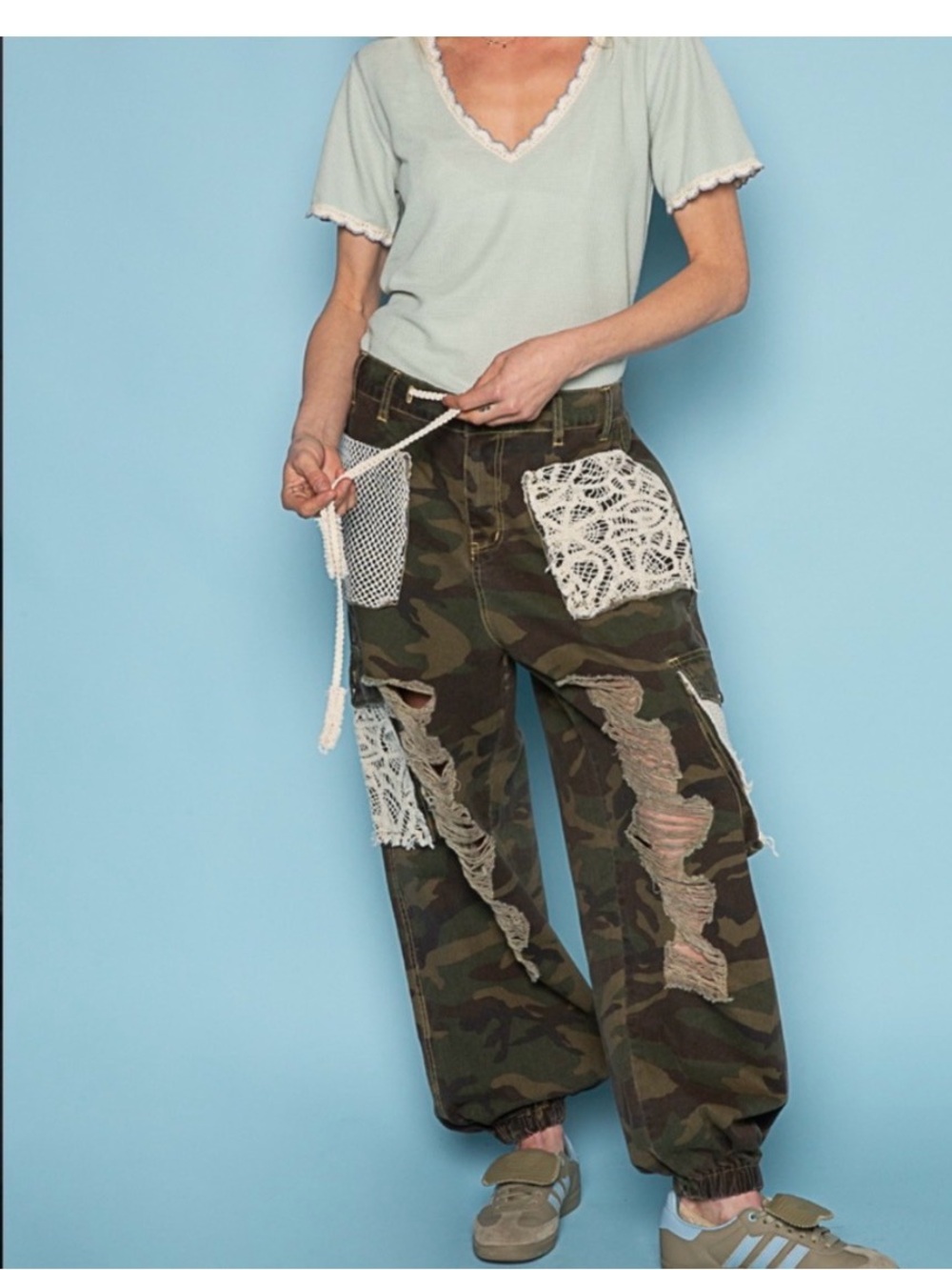 #1505 POL Crochet Patch Camo Cargo Jogger Style Pants - Olive Green